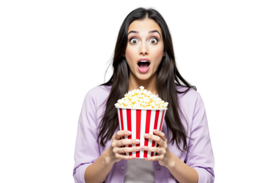 Woman with shocked expression holding popcorn bucket, isolated style on white background, concept of surprise or movie scene. Ai generative