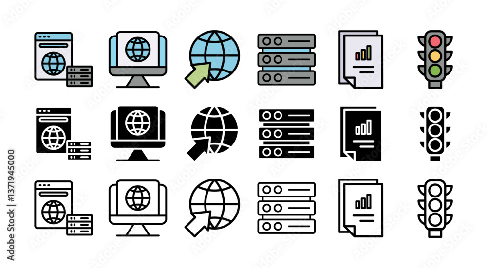 Poster web hosting icon set with multiple style provider, webspace, domain, website, server, data, traffic 