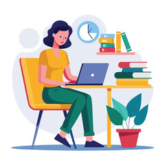 a woman is using his laptop sitting on a chair looking in the laptop  colourful vector on a white background