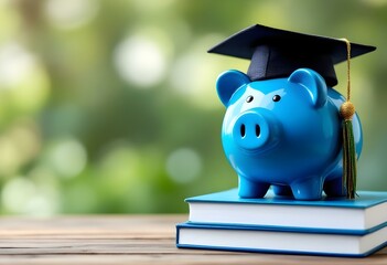 A pink piggy bank with a graduation cap and books represents saving for education and financial investment
