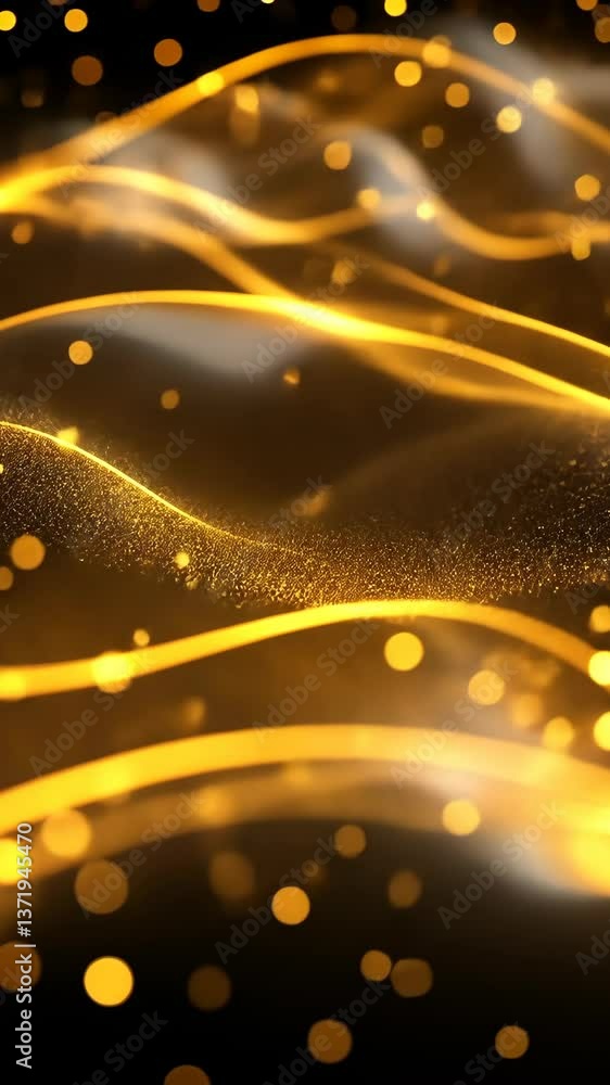 Poster golden waves with shimmering lights create a mesmerizing abstract pattern in a dark setting