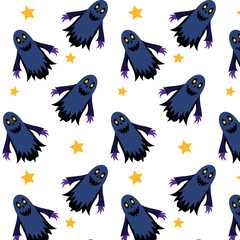 Fototapeta premium A seamless vector pattern featuring cute ghosts and stars adds a playful and enchanting touch to Halloween-themed designs.
