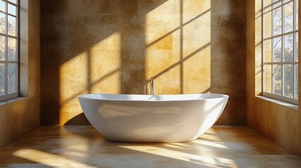 Freestanding bathtub basks in bright sunlight filtering through windows