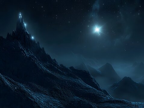 37. A shining star atop a distant mountain under a midnight sky