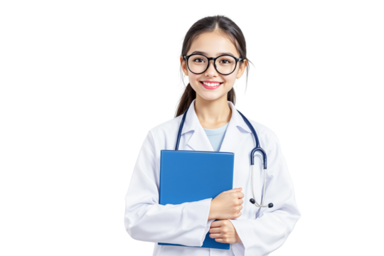 Young female doctor with glasses and stethoscope holding a blue folder, isolated on white background, clean medical layout concept. Ai generative