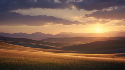 Fototapeta premium A warm, glowing sunset setting behind rolling cornfields with distant hills.