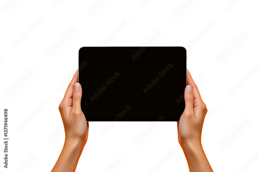Poster female hands holding a black screen tablet, isolated style on white background, concept of clean des