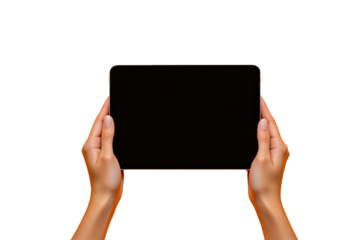 Female hands holding a black screen tablet, isolated style on white background, concept of clean design element or layout for creative template. Ai generative