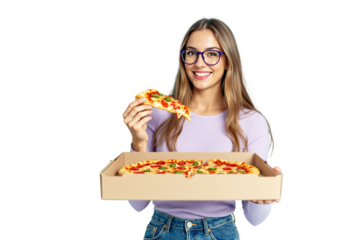Woman holding open pizza box and slice, smiling, casual style on white background. Concept of fast food, delivery, lifestyle. Ai generative