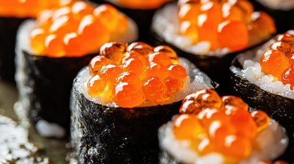 A close-up of ikura sushi with bright orange salmon roe glistening.