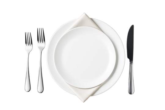 Table setting with two forks, knife, white plates, and napkin arranged in a formal layout, isolated on white background, concept of elegance. Ai generative