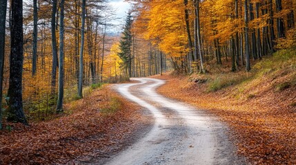 Obraz premium A dirt cycling road leading into a golden autumn woodland.