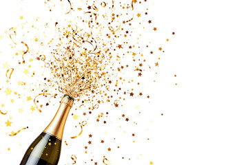 Champagne bottle popping with golden confetti and streamers on white background, isolated layout for celebration and party concept. Ai generative