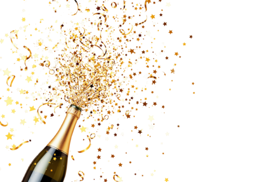 Champagne bottle popping with golden confetti and streamers on white background, isolated layout for celebration and party concept. Ai generative