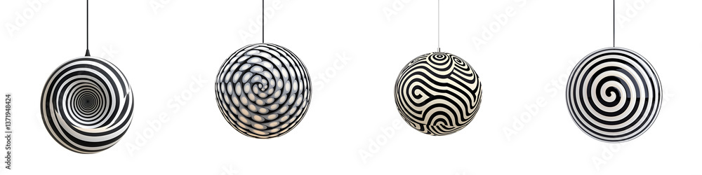 Poster decorative abstract hanging spheres with spiral and torus shapes in a minimalist contemporary style 