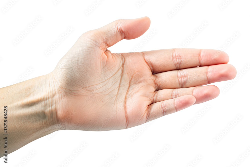 Poster open human hand in horizontal position with palm facing up, isolated on white background, closeup de