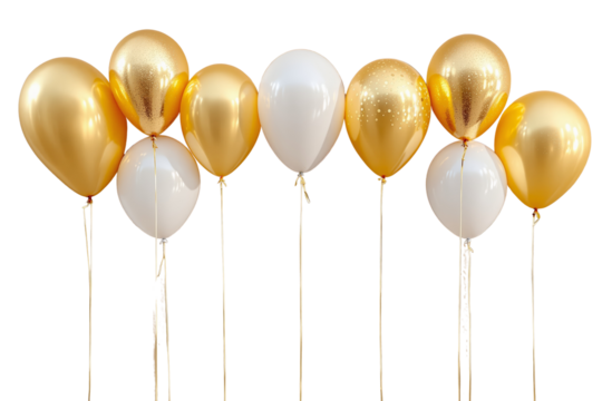 Glossy gold and white helium balloons floating in row, realistic style on clean white background, concept of festive decor or celebration. Ai generative
