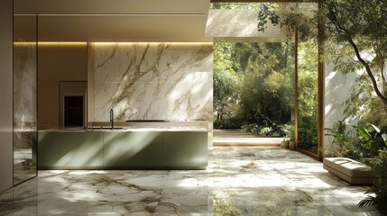 Elegant kitchen with garden view features marble and green cabinets