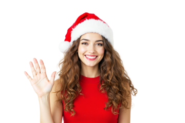 Smiling woman in Santa hat waving hand, wearing red festive outfit, isolated on white background, closeup holiday greeting concept. Ai generative