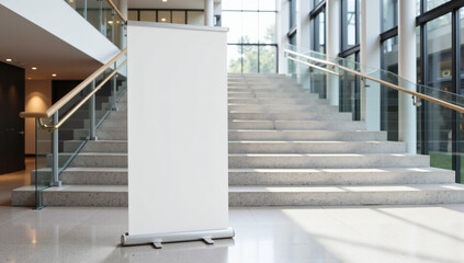 Professional White Roll-Up Banner Mockup in Modern Lobby, Blank Advertising Display, Pull-Up Stand for Business Promotions, Commercial Advertisement Cover