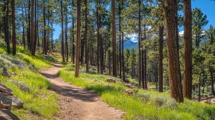 Obraz premium A mountain bike trail descending through a dense coniferous forest.