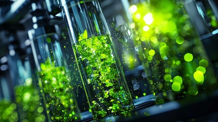 Fototapeta premium Chemicals Laboratory Environmental. Vibrant green plants in transparent containers with glowing lights.