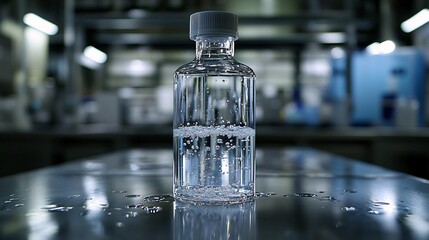 Chemicals Laboratory Environmental. Transparent bottle on a reflective surface in a factory setting.