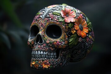 Naklejka premium Stunning 3D sugar skull with intricate floral details symbolizes Dia de los Muertos traditions
