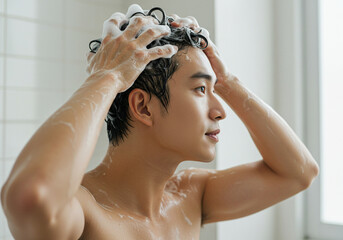 Naklejka premium 若い男性のヘアケア・シャンプー・美容・メンズビューティー ・洗髪