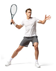 Male Tennis Player Swinging in Powerful Motion on isolated background
