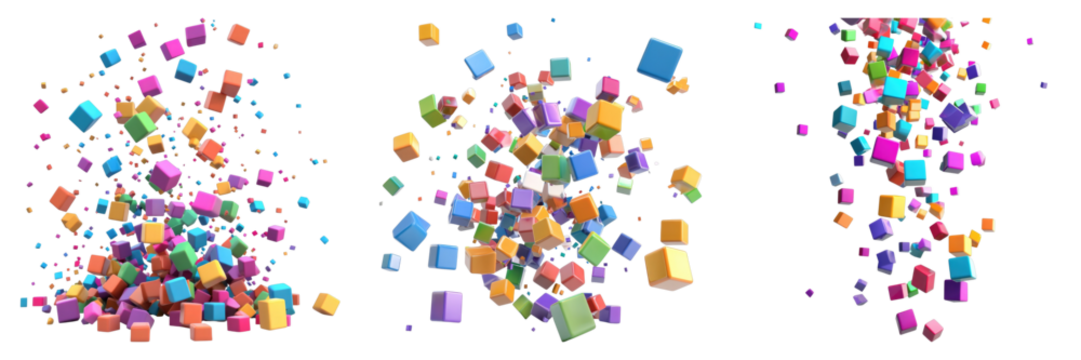 Colorful 3d render falling cubes isolated on transparent background. PNG , se of
