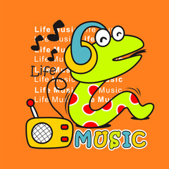 Cute cartoon animal snake listening to music, Flat Vector Illustration