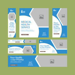 Medical banner cover social media and website design template. Horizontal header page. blue element colors. photo space, cover background for website, Social Media ads.