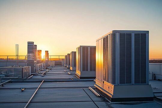 Rooftop HVAC Units at Sunset: Efficient Building Cooling Systems, Modern Architectural Design, and Energy-Saving Technologies