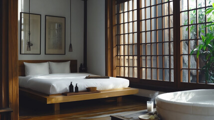 ryokan style bedroom, futon bedding, wooden lattice windows, onsen bathtub, soft lighting, muted tones, relaxing atmosphere, traditional japanese accommodation.