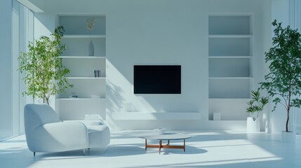 Bright living room features minimalist design with entertainment system