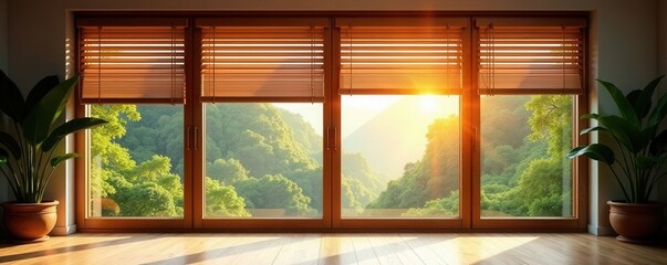 Large window, wooden frame, blinds open & closed , slat, modern