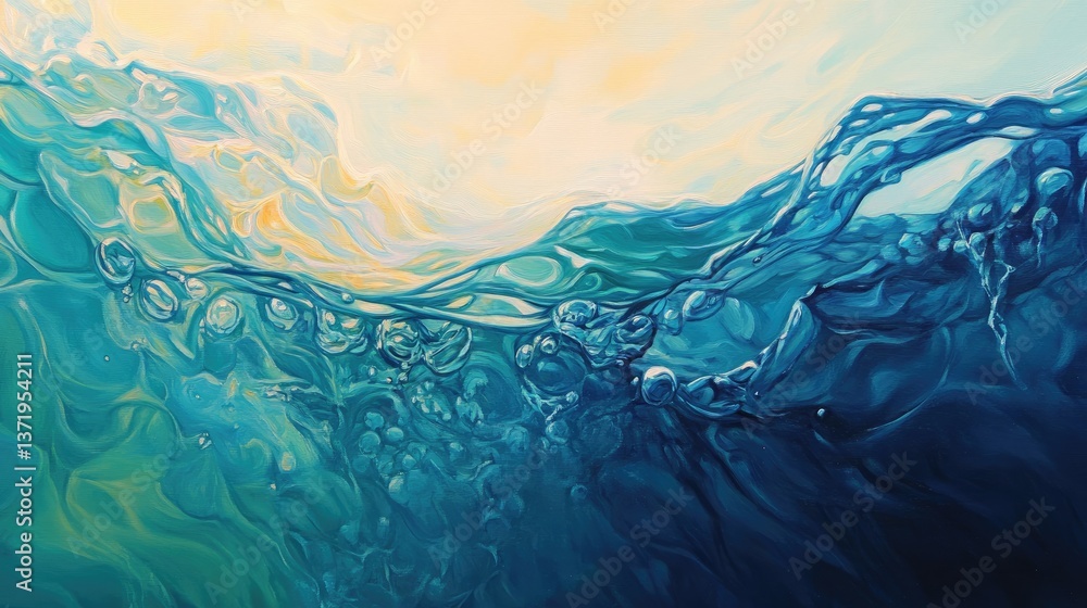 Poster abstract ocean wave with colorful tones and bubbles capturing the depths of water in artistic expres