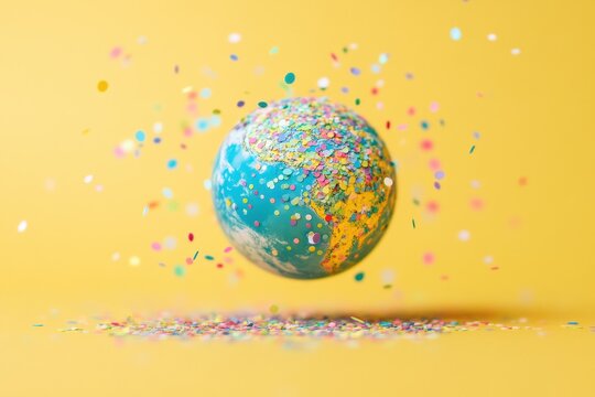 A globe covered in confetti floats midair against a yellow background