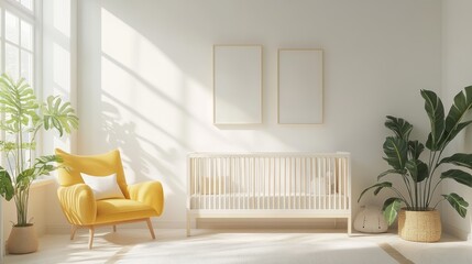 Sunlit nursery features white crib yellow armchair and lush plants