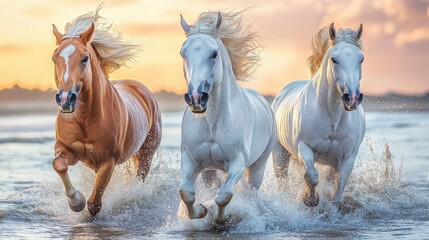 Majestic Horses Galloping in Shallow Water Under a Dreamy Sunset