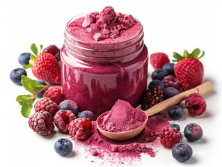 Berry Bliss in a Jar: A visually appealing composition featuring a glass jar filled with vibrant berry powder, complemented by an assortment of fresh, juicy berries and a wooden spoon.