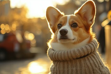 Corgi in Warm Sunlight: A charming Pembroke Welsh Corgi, with its alert eyes and distinctive coat, bundled up in a cozy sweater, bathed in the warm glow of the sun.