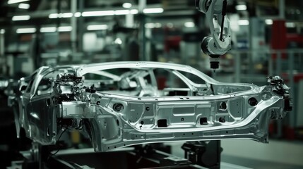 Fototapeta premium Robotic arm assembling advanced automotive parts in a factory, high-tech factory with robotic arms assembling precision car parts for electric vehicles, High-tech style