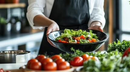 Chef presents a fresh salad with tomatoes, lettuce, and herbs in a black bowl. This healthy meal can illustrate diet, wellness, or cooking concepts.