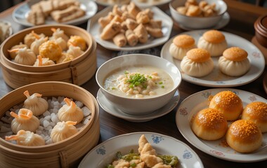 Exquisite variety of diverse Dim Sum dishes assortment, inviting culinary experience