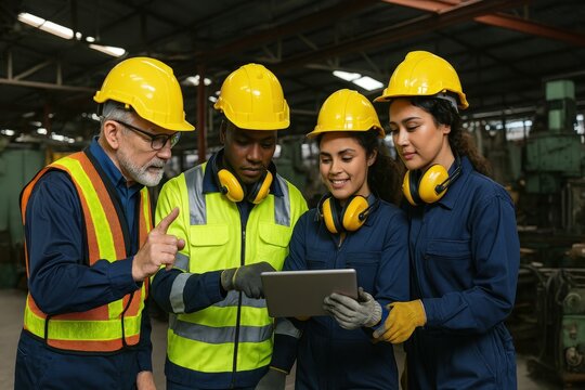 A diverse team of engineers and workers, equipped with protective gear, gathers around a digital tablet within an industrial workshop environment, discussing plans and ideas. - Powered by Adobe