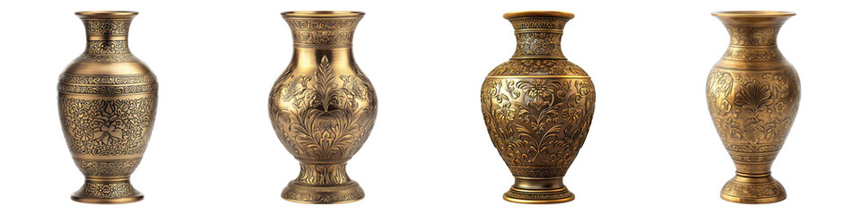 Ornate brass vase isolated on transparent background. PNG , se of