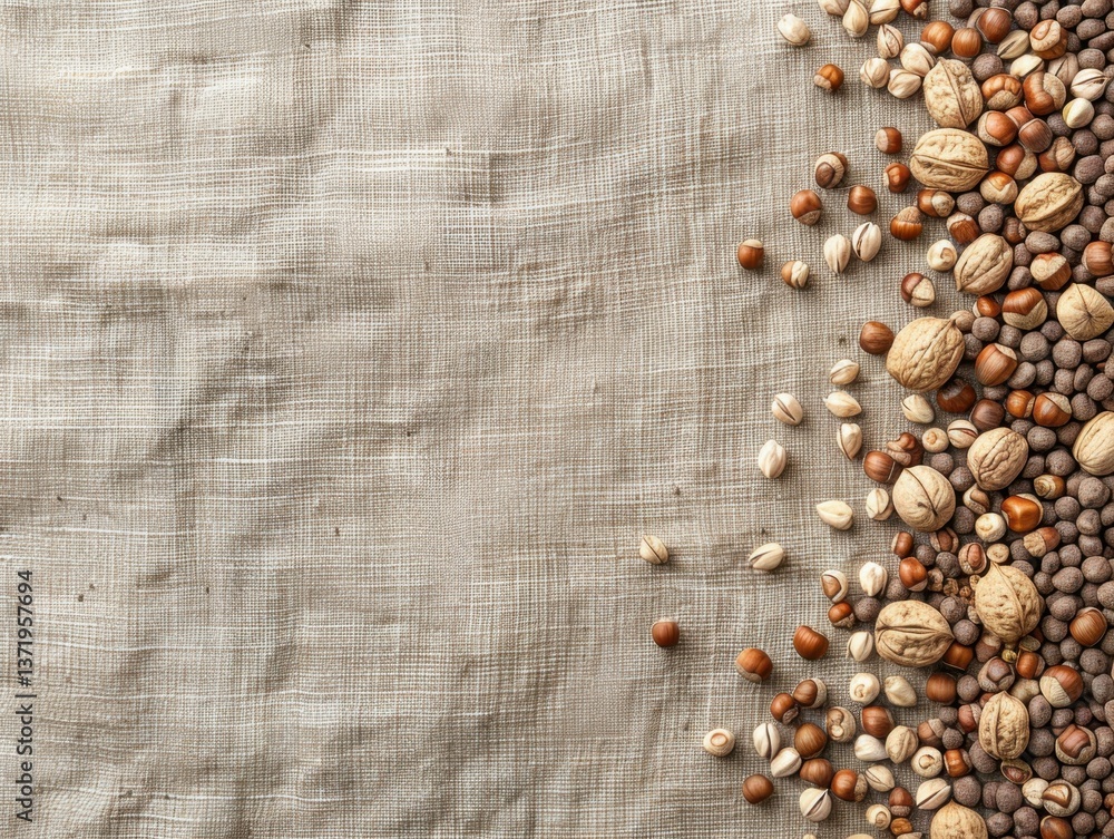 Poster nut variety: a top-down shot showcasing an arrangement of assorted nuts on a textured fabric, inviti