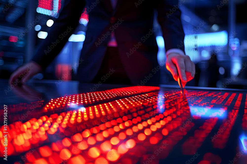 Poster businessperson analyzing data on interactive display